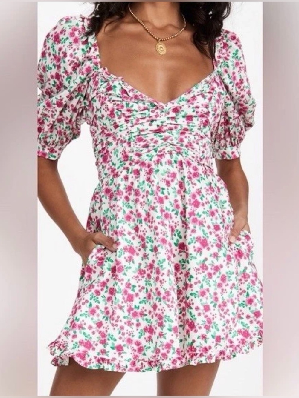 For Love & Lemons Floral Petal Mini Dress Sz XL Puff Sleeve Stretch Cotton Prep
